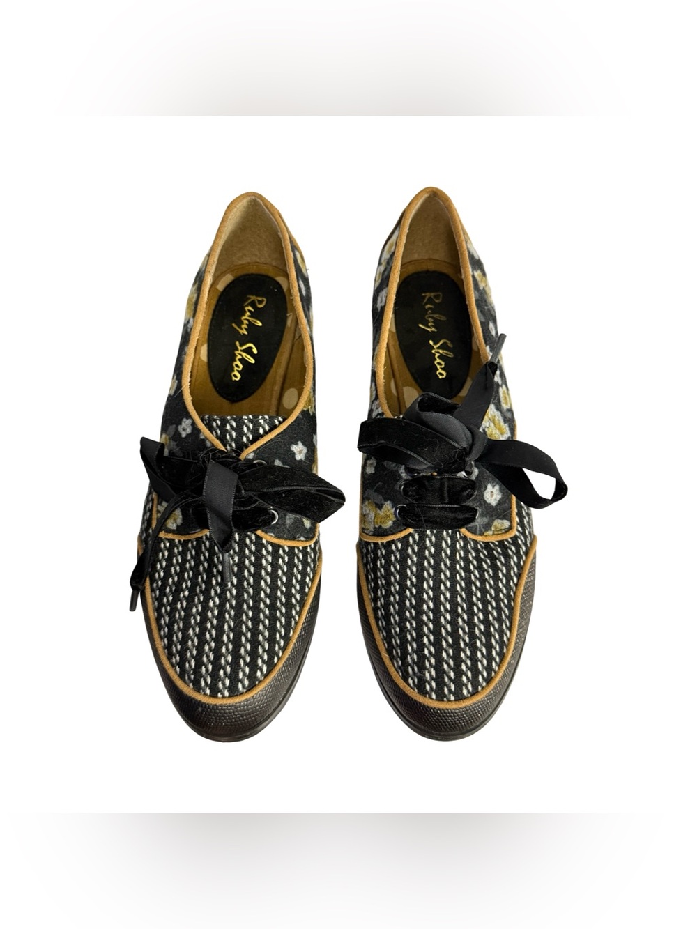 Ruby Shoo Micah Women's Black Tweed Floral Lace Up Oxford Brogue Shoes Size 6